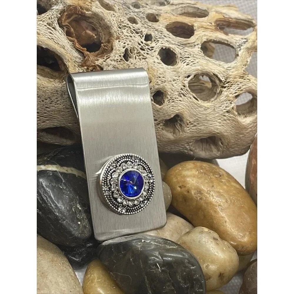 Fathers Day Sapphire Colored Blue Money Clip Stainless Steel Goth Wedding Gift